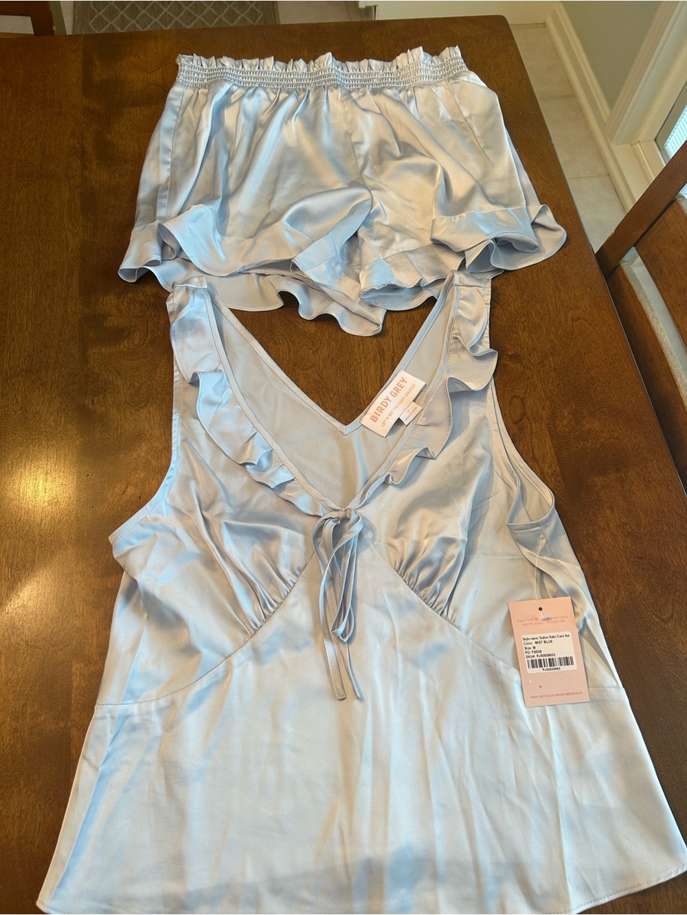 NWT - Birdy Grey Silky Ruffle-Trim Pajama Set in Mist Blue - M